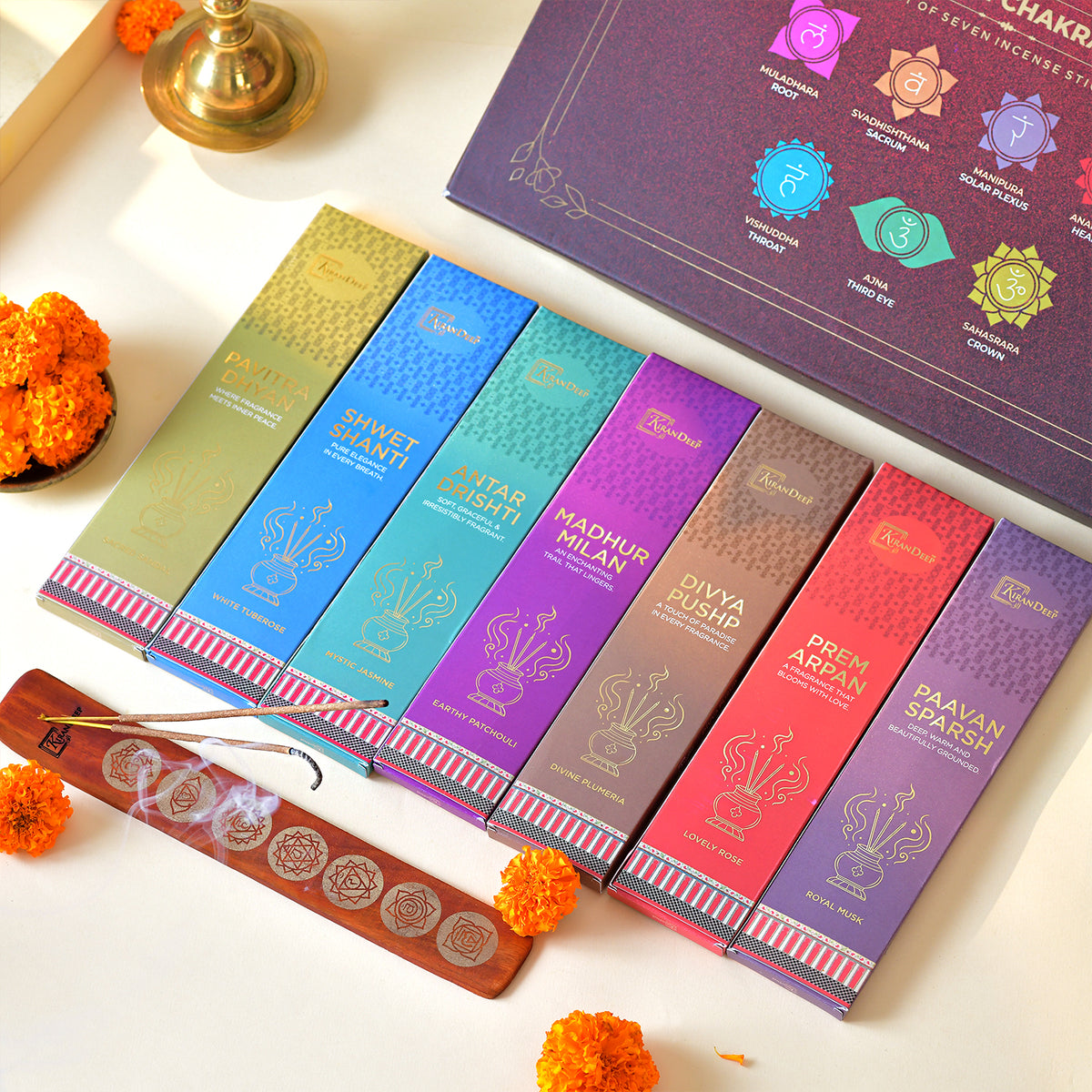 Sapt Chakra Gift Set: All Seven Fragrances with Wooden Stand
