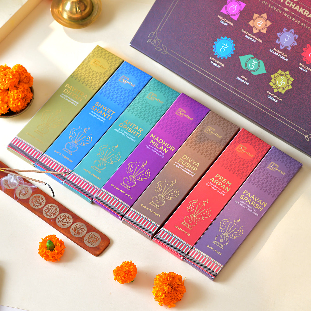 Sapt Chakra Gift Set: All Seven Fragrances with Wooden Stand